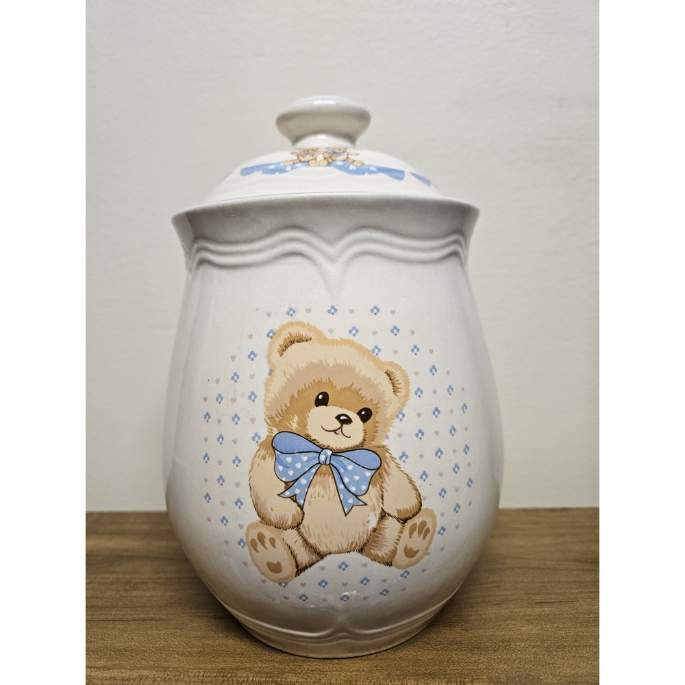 Tienshan Stoneware Country Teddy Large Canister 9.25" Vintage 1990s Bear Heart